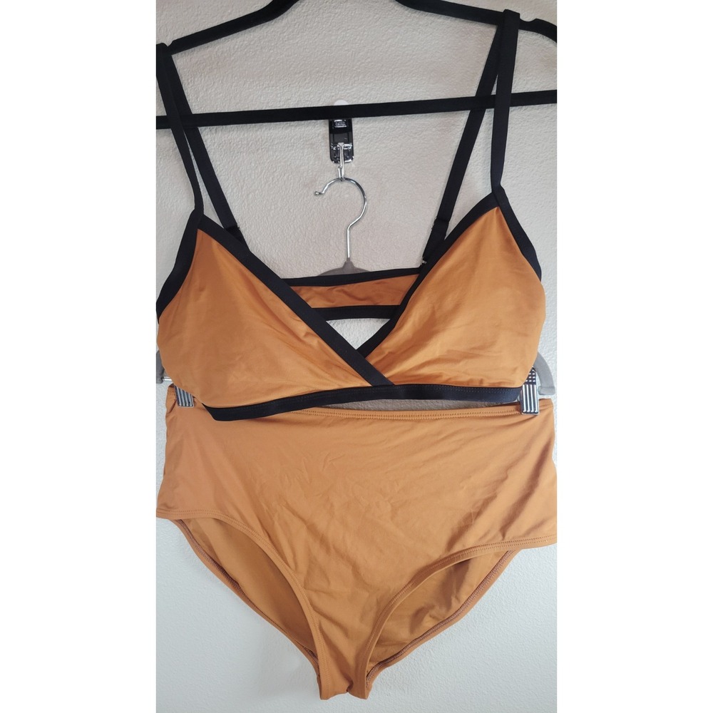 Andie Two Piece Bikini Set Large Camel Brown Black Trim‎ Minimal Swim
